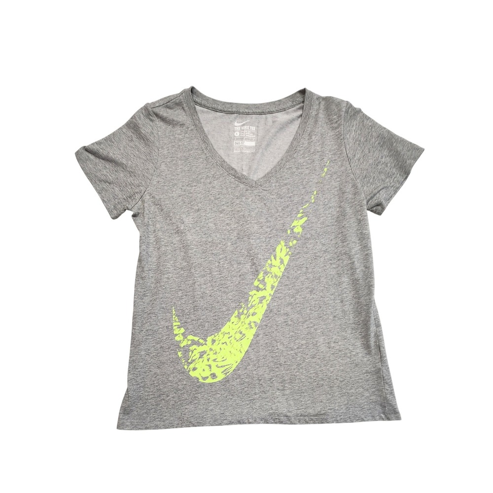 Nike Dri-FIT V-Neck Graphic Swoosh Tee Heather Grey Neon Green Womens Large